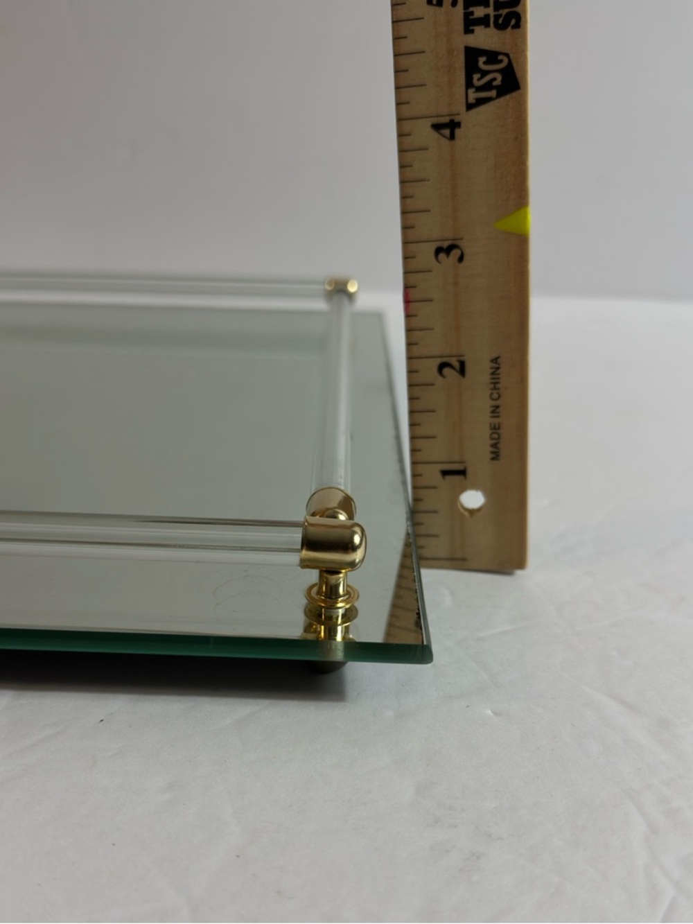 Vintage vanity dresser tray, mirrored base, glass railing, and brass accents. - Picture 6 of 8